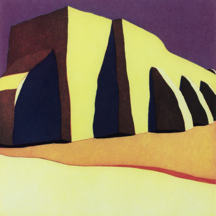 Harold Joe Waldrum, Las sombras de la iglesia del pueblo de San Ildefonso, 1983-1985 aquatint etching, III/IX, 20 x 20 in. Tucson Museum of Art. Gift of the Artist. 2000.71.7