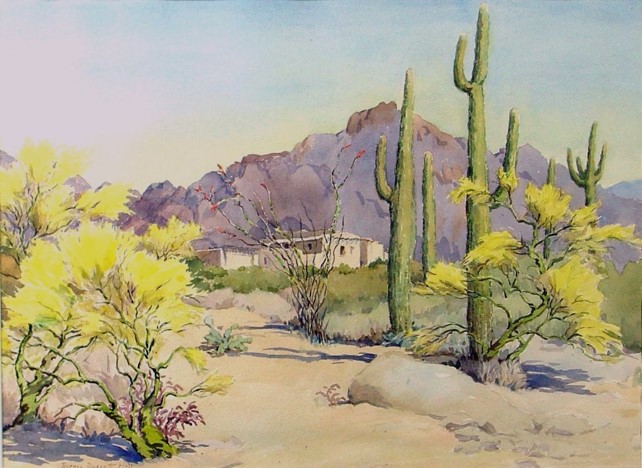 Norma Basset Hall, Arizona Landscape, c. 1949, watercolor, 17.75” x 24”, from the Tucson Museum of Art Collection.