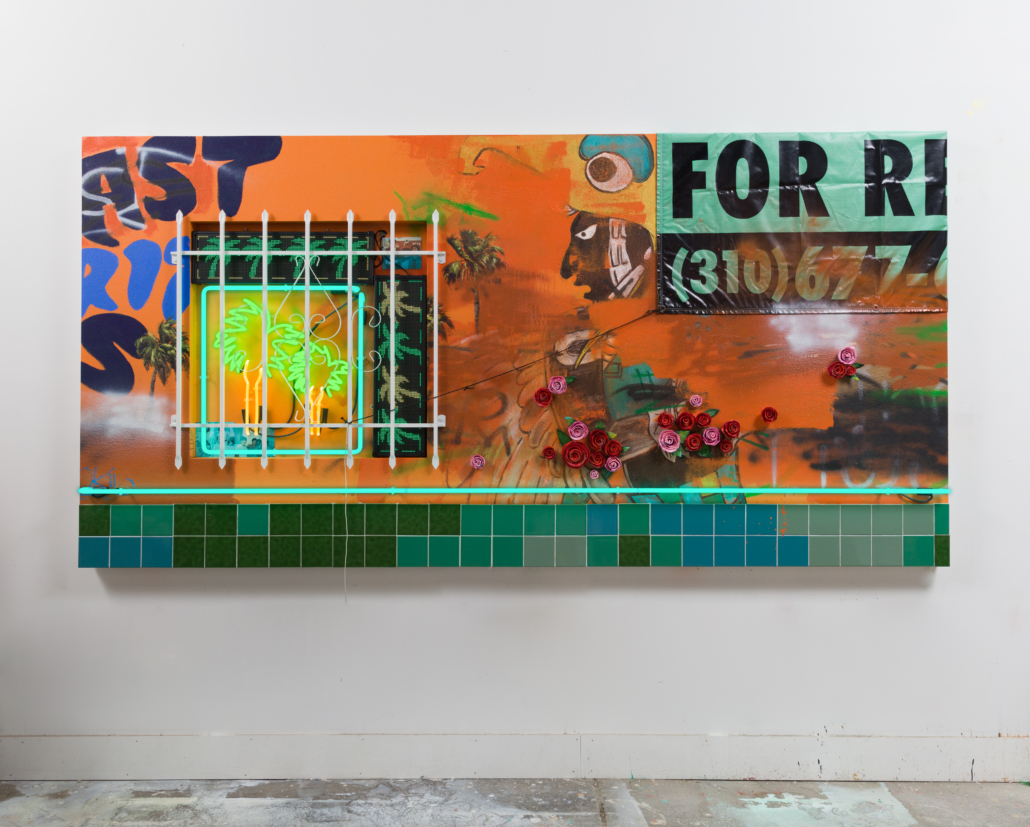 Patrick Martinez, Paradise Lost, 2019, stucco, neon, mean streak, ceramic, acrylic paint, spray paint, latex house paint, ceramic tile, family archive photo collage, window security bars, and led signs on panel, 60 x 120 x 6 in. Courtesy of Charlie James Gallery photo by Michael Underwood