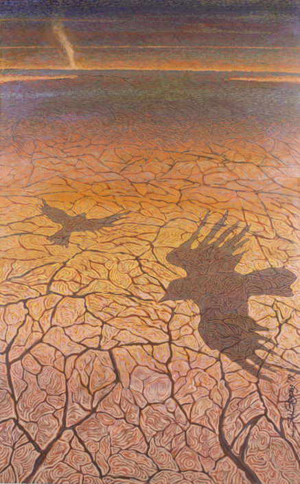 Shonto Begay , Above Parched Ground , 2019 , acrylic on canvas . C ollection of the Tucson Museum of Art. Museum Purchase. Funds provided by Jerry Freund. 2021.14