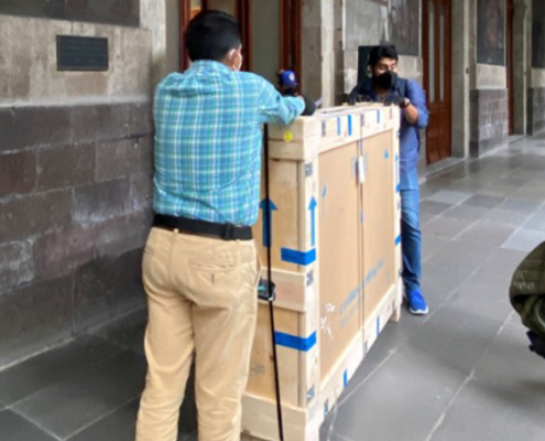 A crate with TMA artworks in the building of the Secretaria de Educación Pública in downtown Mexico City